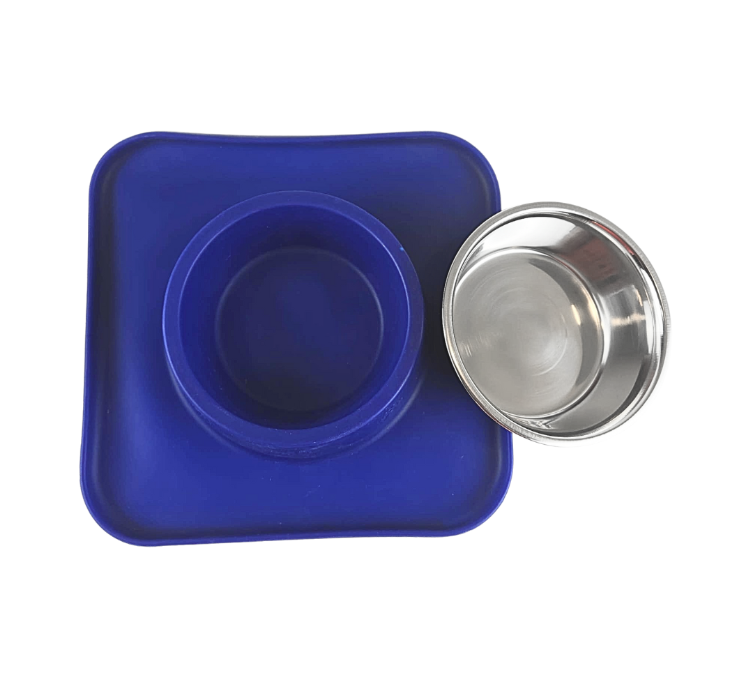 Silicone Square Non Skid Mat with Stainless Steel Bowl - Small - 7 colors