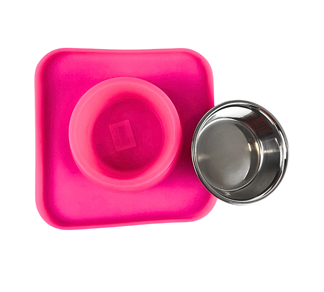 Silicone Square Non Skid Mat with Stainless Steel Bowl - Small - 7 colors