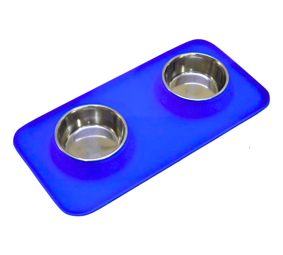 Silicone Rectangular Non Skid Mat with Stainless Steel Bowls - Large - 7 Colors