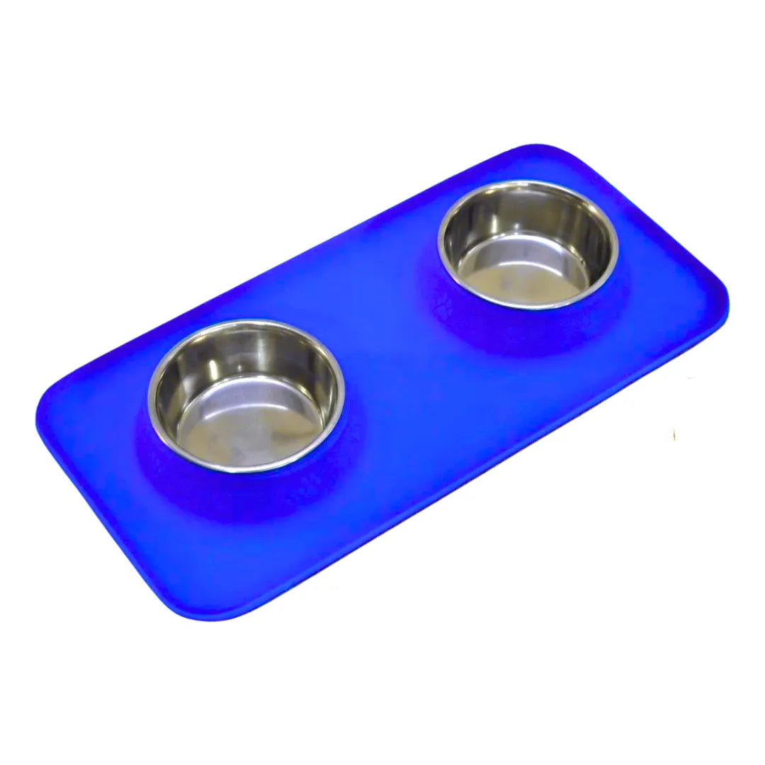 Silicone Rectangular Non Skid Mat with Stainless Steel Bowls - Large - 7 Colors