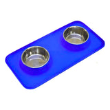 Silicone Rectangular Non Skid Mat with Stainless Steel Bowls - Large - 7 Colors