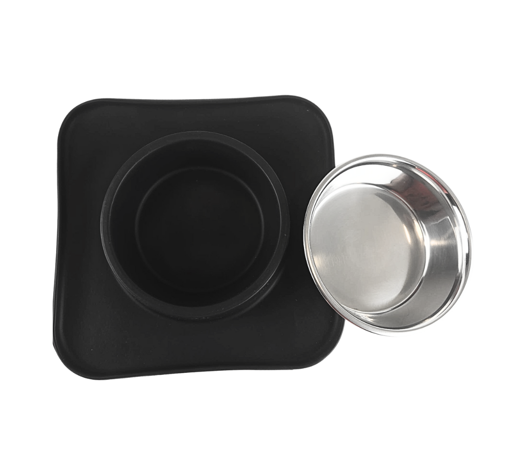 Silicone Square Non Skid Mat with Stainless Steel Bowl - Small - 7 colors