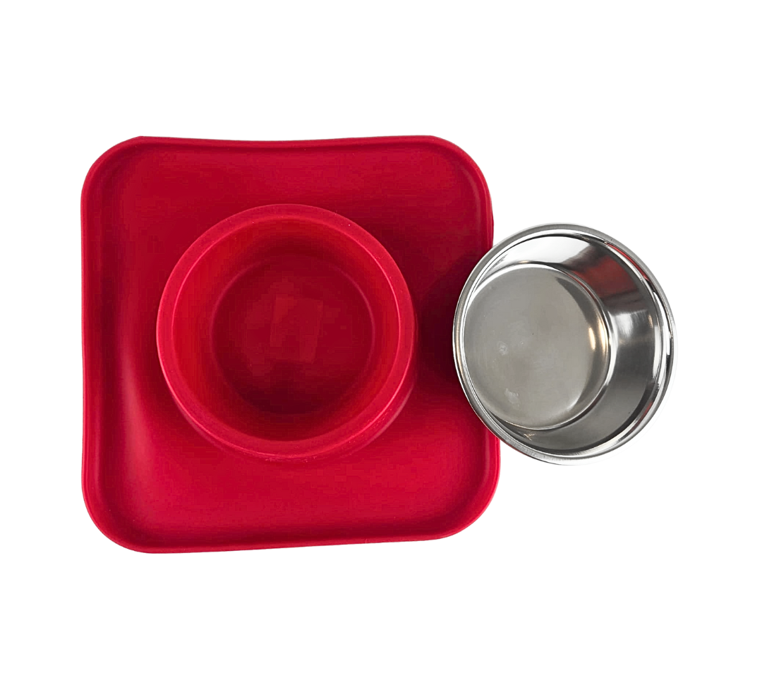 Silicone Square Non Skid Mat with Stainless Steel Bowl - Small - 7 colors
