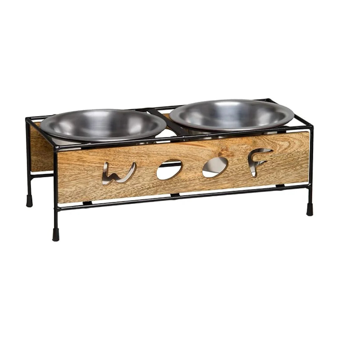 Iron and Wooden Diner (Woof) with Removable S.S Bowls & Anti Rattle Rubber